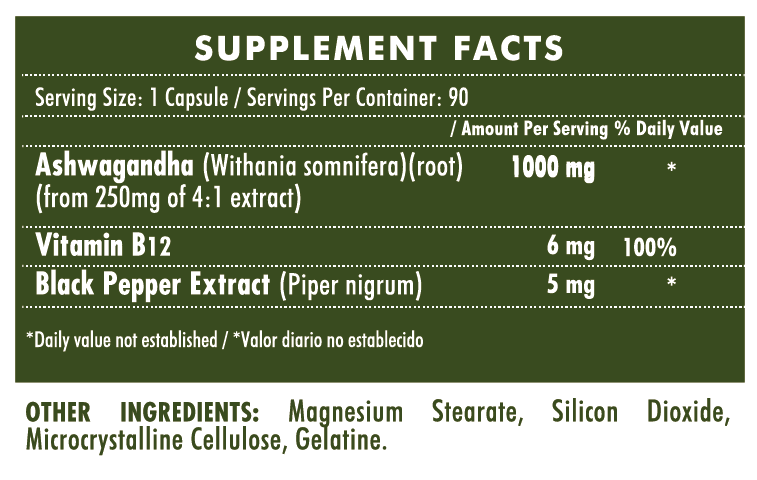 ASHWAGANDHA+B12- Relájate y Cálmate (90 cápsulas)